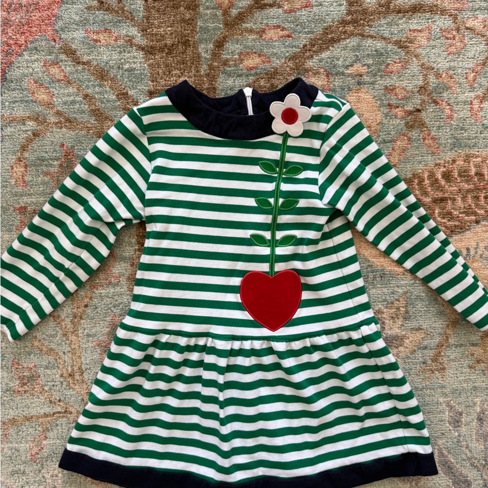 Kelly Green and White Long Sleeve Cotton Dress with Flower Appliqué